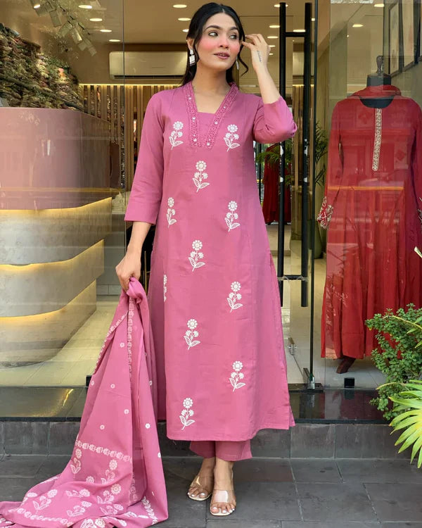 Libas Charming Rose Pink Floral Embroidered Cotton Suit Set