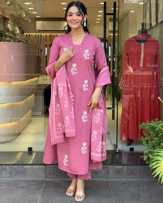 Libas Charming Rose Pink Floral Embroidered Cotton Suit Set