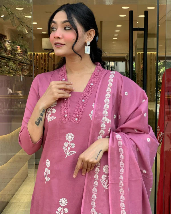 Libas Charming Rose Pink Floral Embroidered Cotton Suit Set
