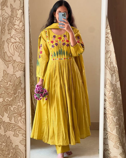 Libas Vibrant Yellow Anarkali With Floral Embroidery