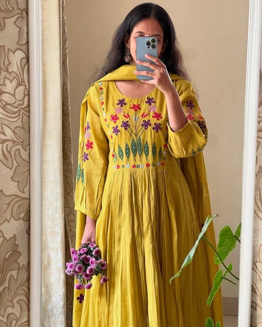 Libas Vibrant Yellow Anarkali With Floral Embroidery