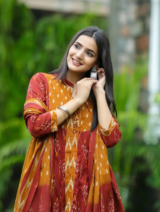 Libas Elegant Maroon & Rust Ikat Print Anarkali Suit Set