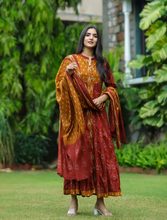 Libas Elegant Maroon & Rust Ikat Print Anarkali Suit Set