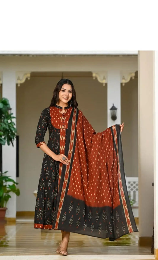 Libas Elegant Black & Rust Ikat Print Anarkali Suit Set