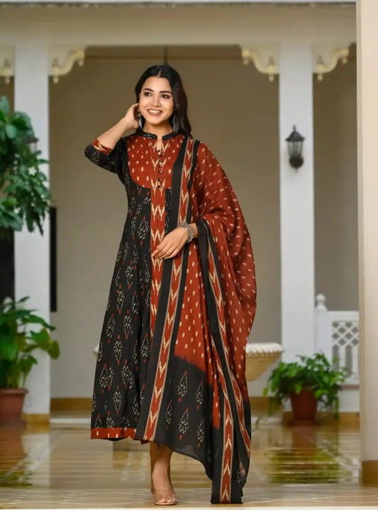 Libas Elegant Black & Rust Ikat Print Anarkali Suit Set