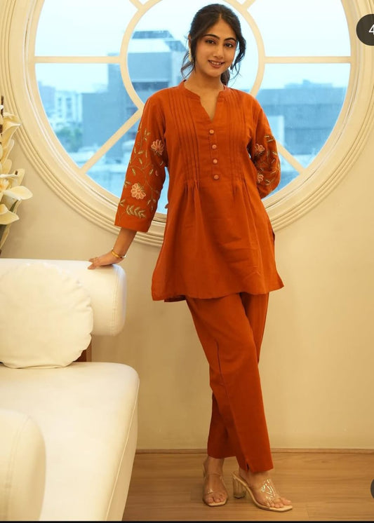 Libas Elegant Rust Orange Embroidered Cotton Co-Ord Set