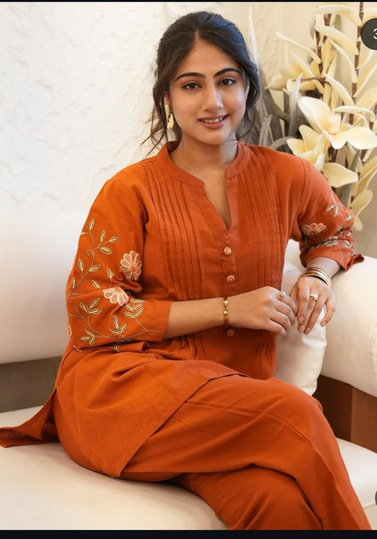 Libas Elegant Rust Orange Embroidered Cotton Co-Ord Set