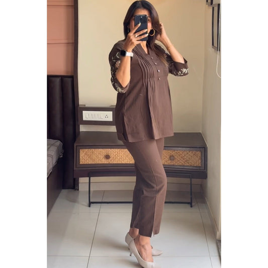Libas Chic Coffee Brown Embroidered Co-Ord Set