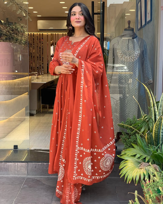 Libas Vibrant Rust Anarkali Suit With Embroidered Dupatta