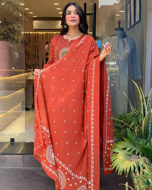 Libas Vibrant Rust Anarkali Suit With Embroidered Dupatta