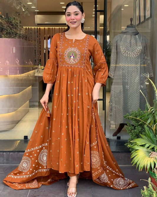 Libas Elegant Rust Orange Anarkali Suit With Intricate Embroidery