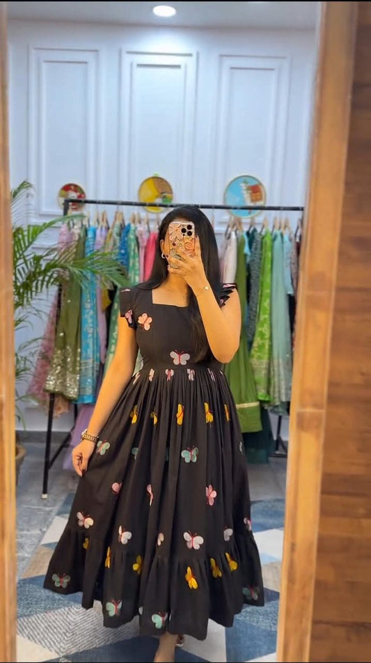 Libas Elegant Black Floral Printed Cotton Midi Dress For Women