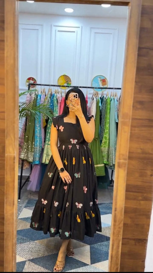 Libas Elegant Black Floral Printed Cotton Midi Dress For Women