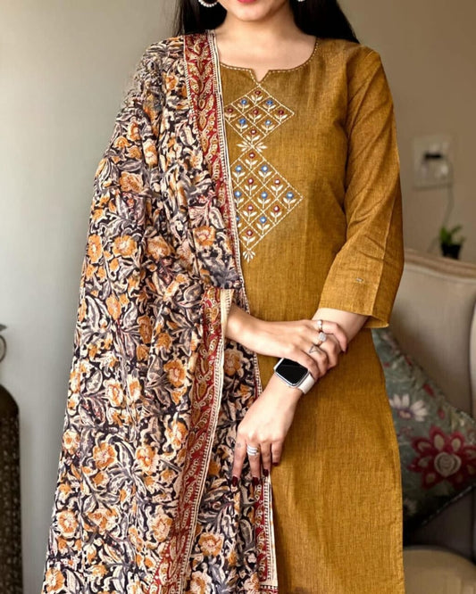 Libas Mustard Brown Embroidered Kurta Set With Floral Dupatta