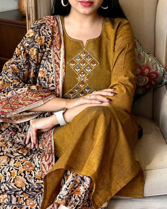 Libas Mustard Brown Embroidered Kurta Set With Floral Dupatta