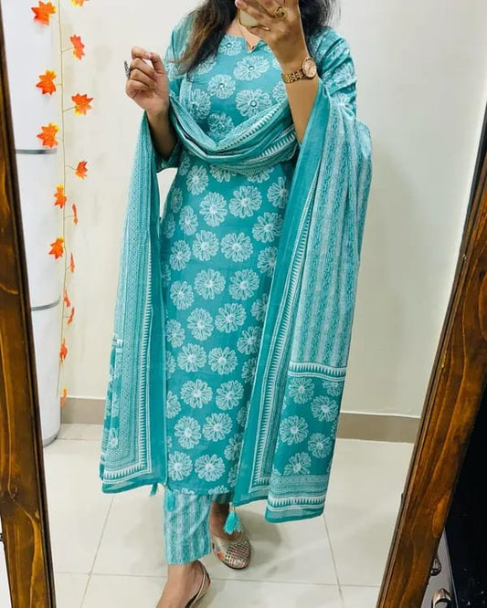 Libas Turquoise Cotton Suit Set With Floral Prints