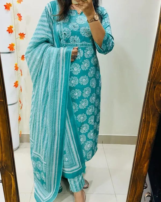 Libas Turquoise Cotton Suit Set With Floral Prints