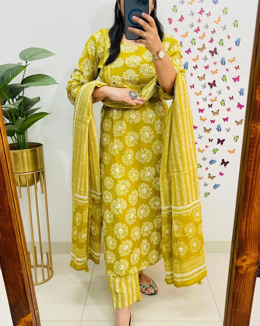 Libas Mustard Yellow Floral Printed Cotton Suit Set