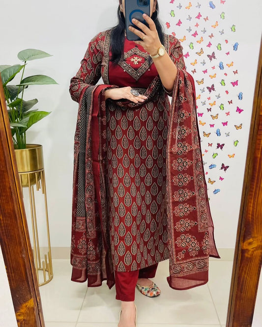 Libas Elegant Maroon Block Print Cotton Suit Set
