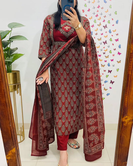 Libas Elegant Maroon Block Print Cotton Suit Set