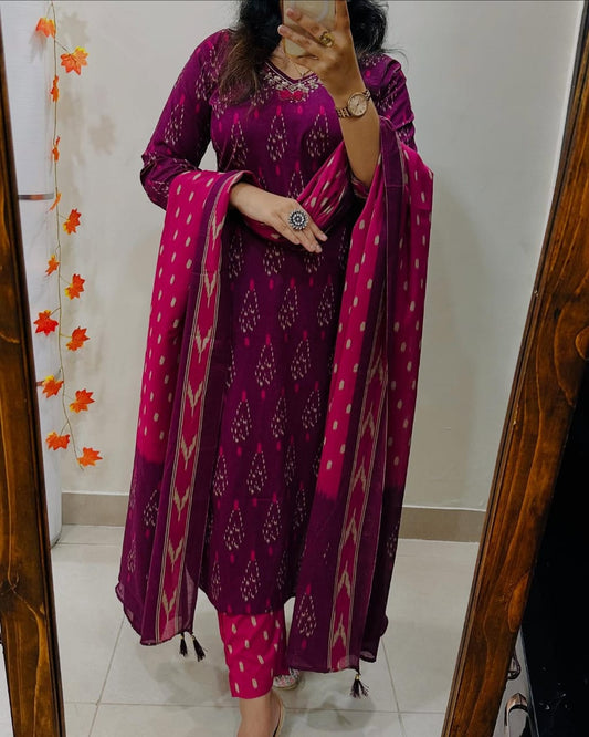 Libas Magenta Ikat Print Suit Set With Dupatta
