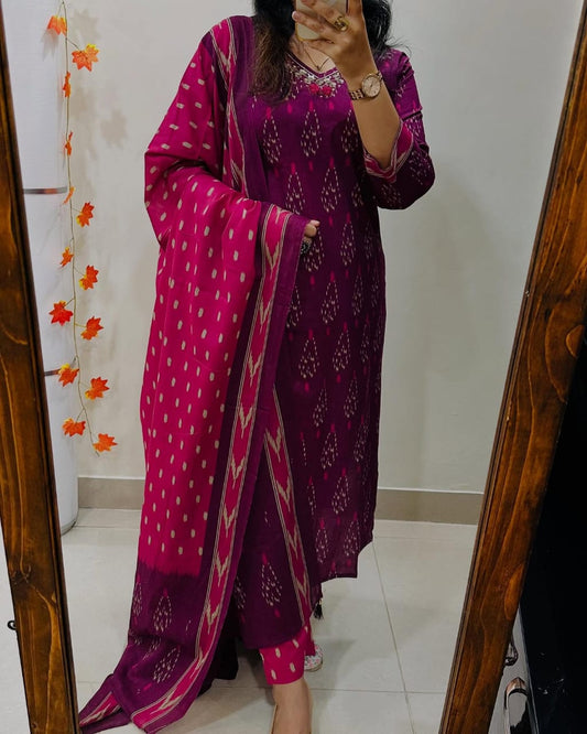 Libas Magenta Ikat Print Suit Set With Dupatta
