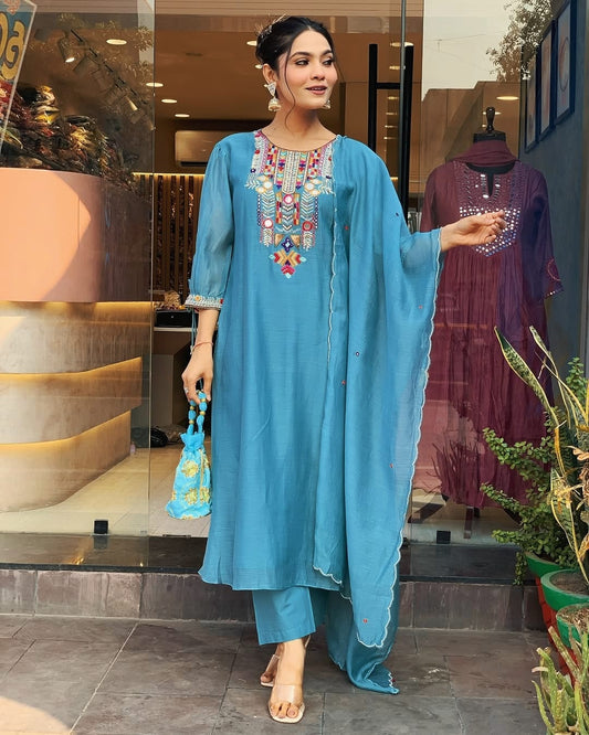 Libas Teal Blue Kurta Set with Multicolor Embroidered Yoke