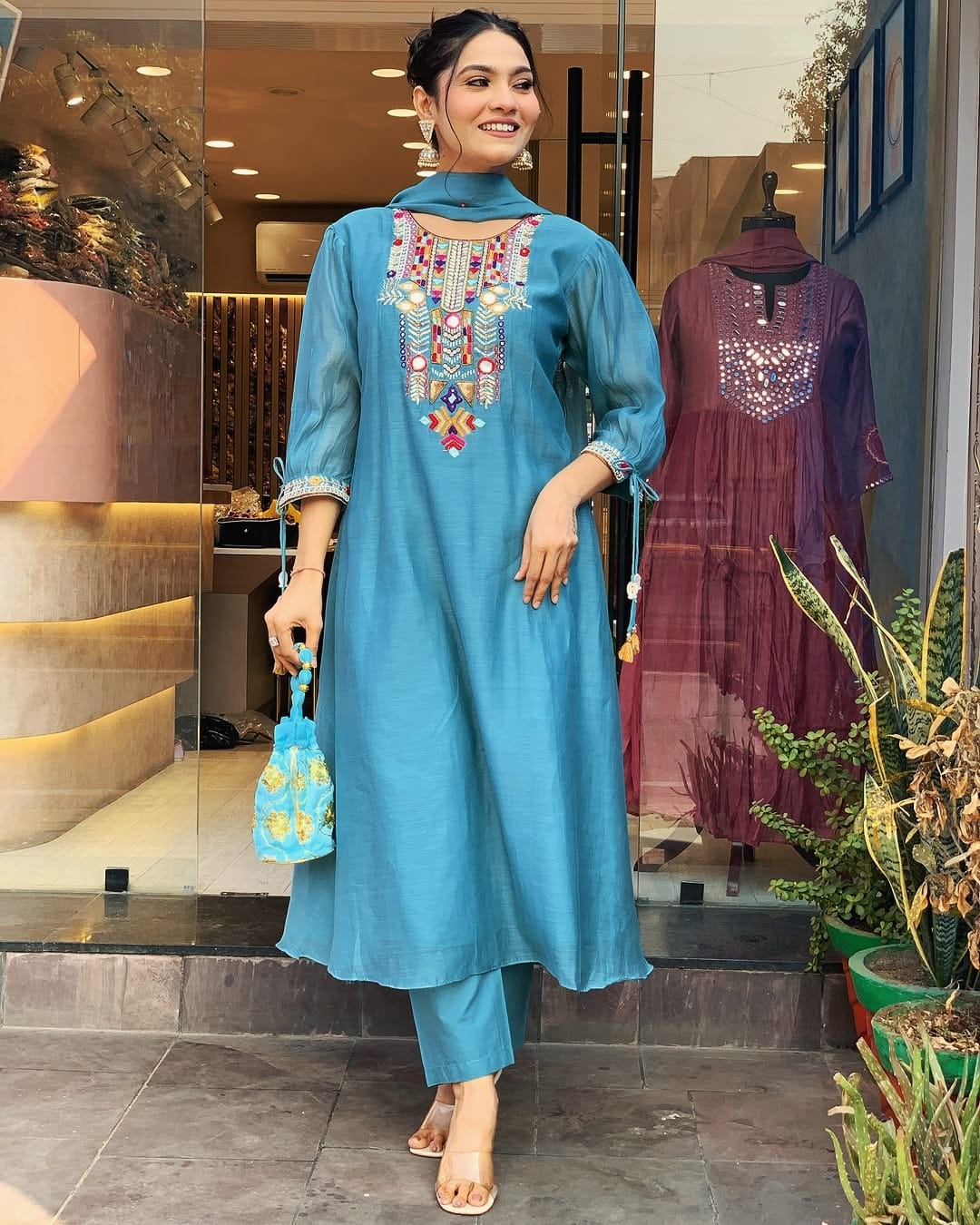 Libas Teal Blue Kurta Set with Multicolor Embroidered Yoke