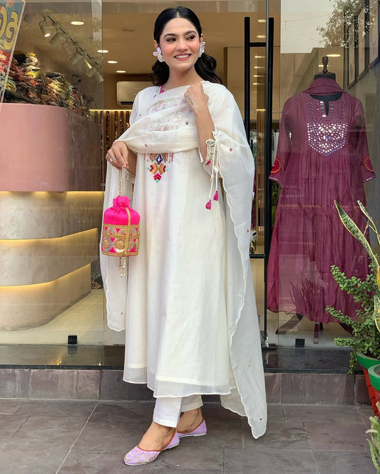 Libas Elegant White Kurta Set with Multicolor Embroidery and Dupatta