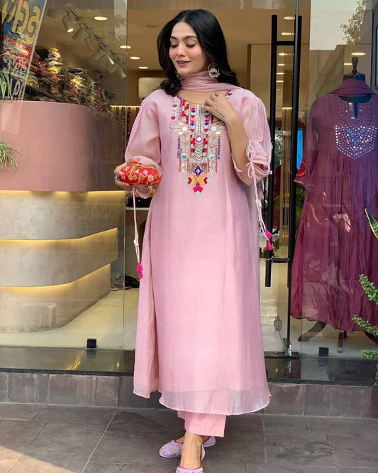 Libas Blush Pink Kurta Set with Colorful Embroidered Yoke and Dupatta