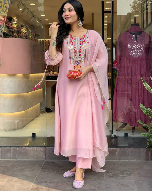 Libas Blush Pink Kurta Set with Colorful Embroidered Yoke and Dupatta