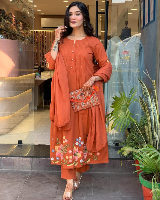 Libas Rust Orange Floral Kurta Set with Dupatta