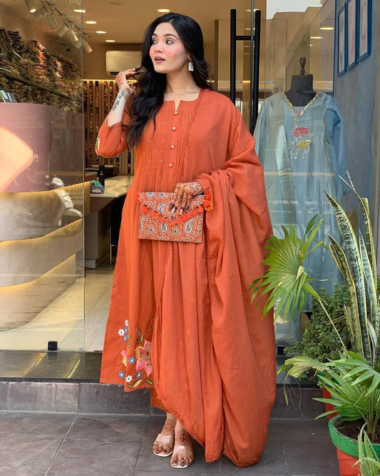 Libas Rust Orange Floral Kurta Set with Dupatta