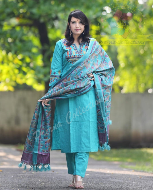 Elegant Teal Blue Embroidered Cotton Suit Set