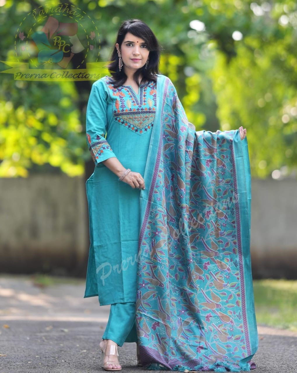 Elegant Teal Blue Embroidered Cotton Suit Set