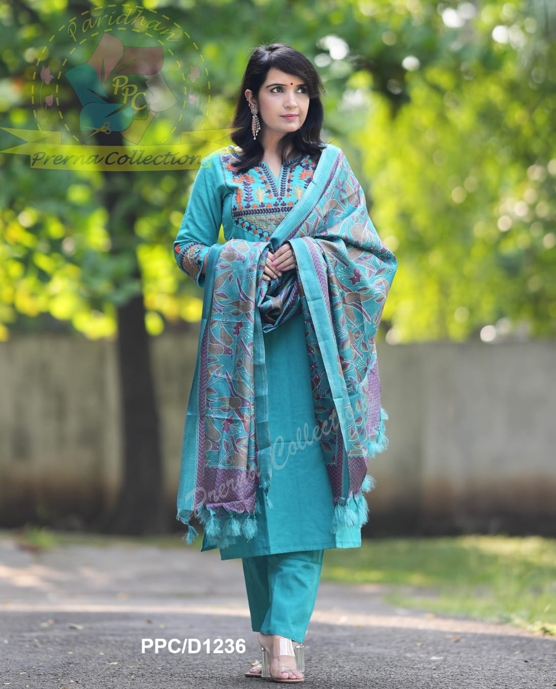 Elegant Teal Blue Embroidered Cotton Suit Set