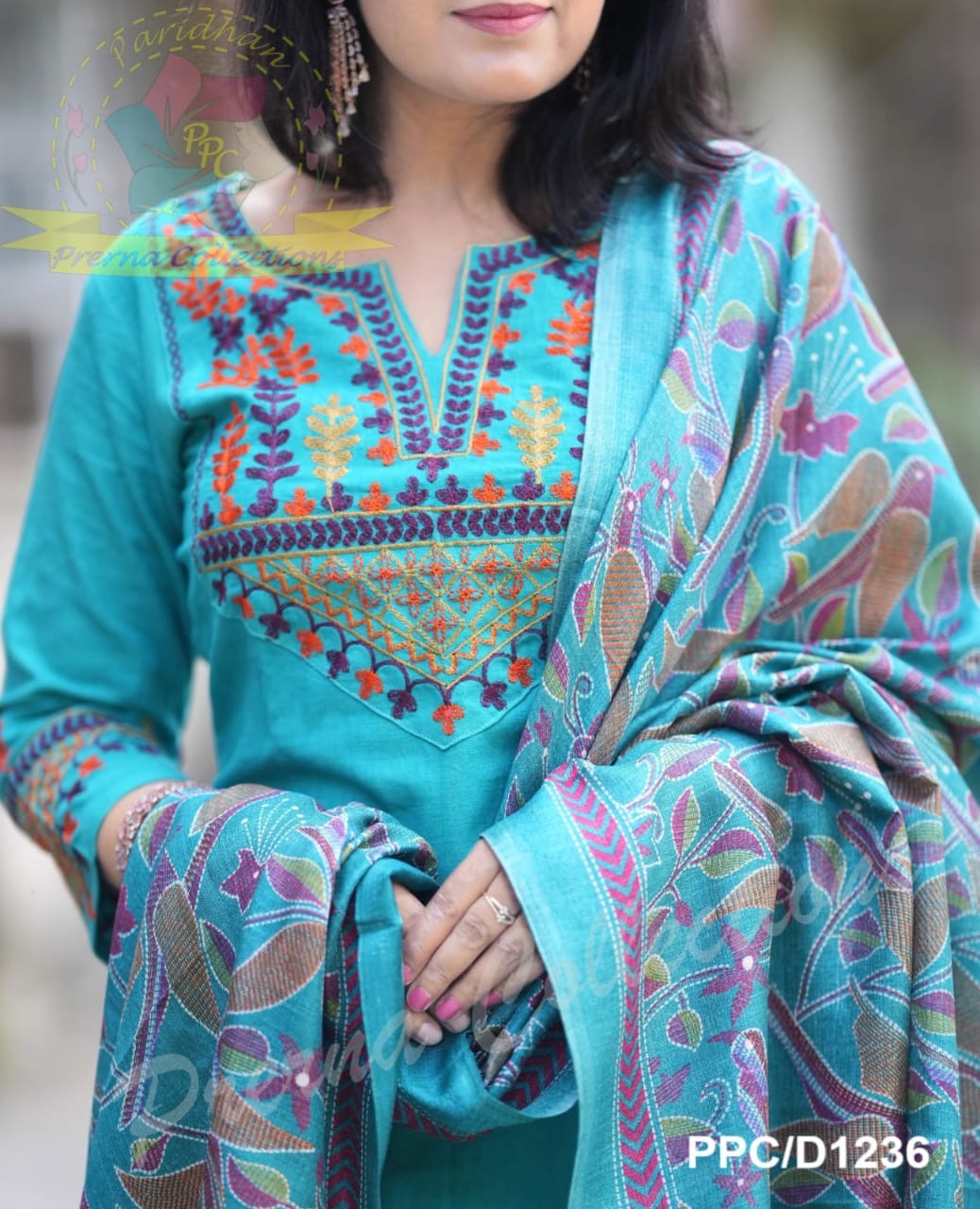 Elegant Teal Blue Embroidered Cotton Suit Set