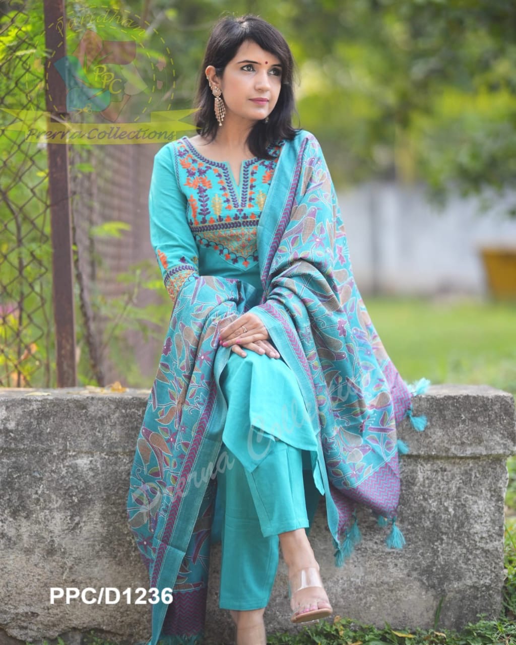 Elegant Teal Blue Embroidered Cotton Suit Set