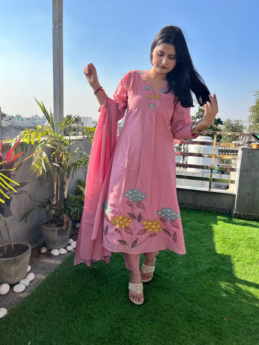 libas Soft Pink Floral Embroidered Kurti with Dupatta