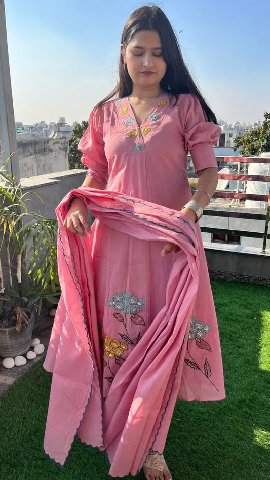 libas Soft Pink Floral Embroidered Kurti with Dupatta