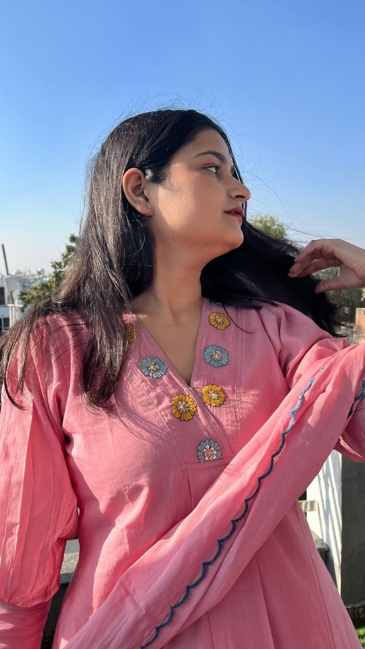 libas Soft Pink Floral Embroidered Kurti with Dupatta