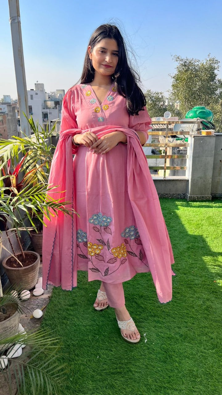 libas Soft Pink Floral Embroidered Kurti with Dupatta