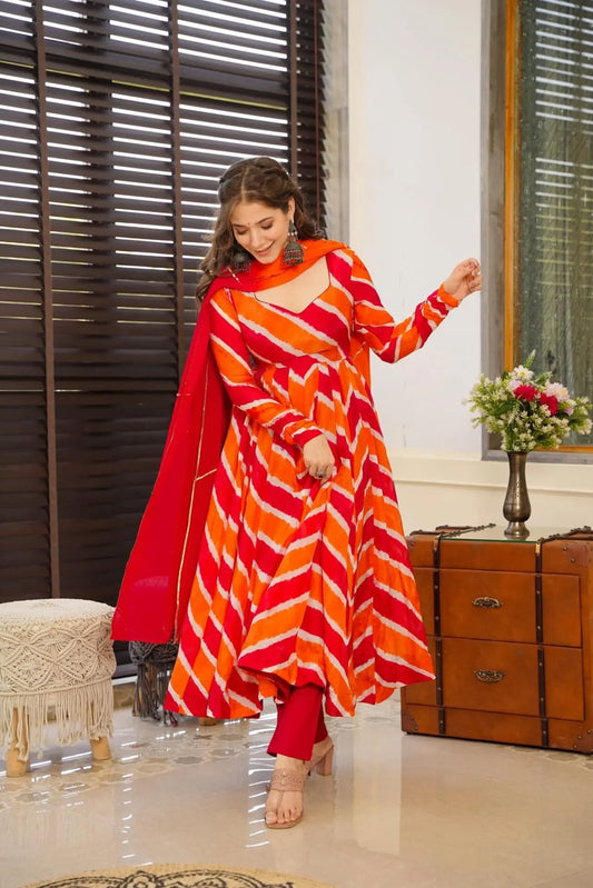 Libas Orange Leheriya Organza Anarkali Suit Set