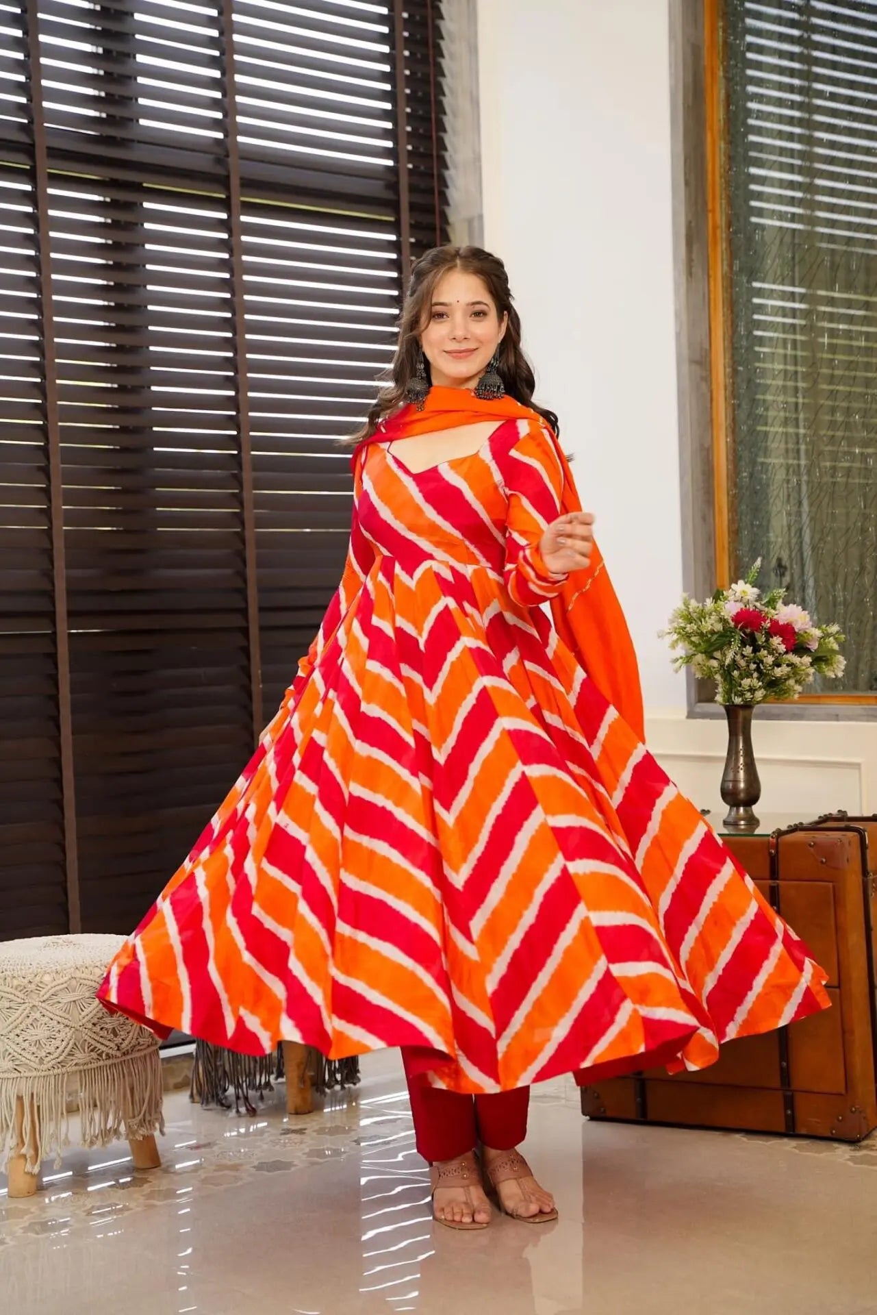 Libas Orange Leheriya Organza Anarkali Suit Set