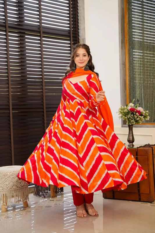 Libas Orange Leheriya Organza Anarkali Suit Set